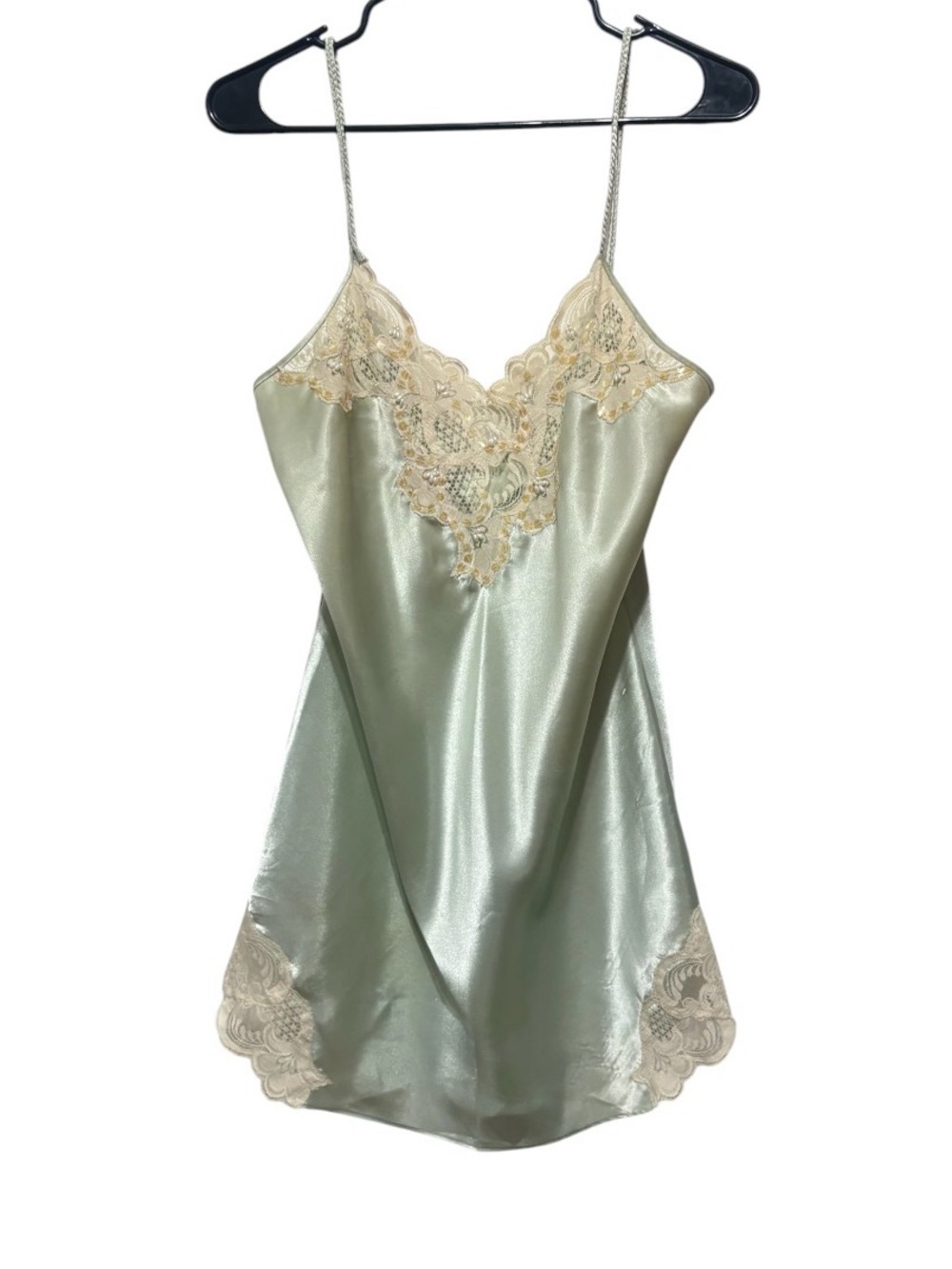 delicates Satin Lace Chemise in Sage Green with Cream Trim